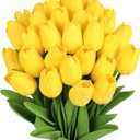 MACTING Yellow Artificial Tulip Flowers - 13.7" 30PCS Real Touch Fake PU Tulips Bouquet Faux Spring Flowers for Floral Arrangements Table Centerpiece Kitchen Home Mothers Day Easter Decorations
