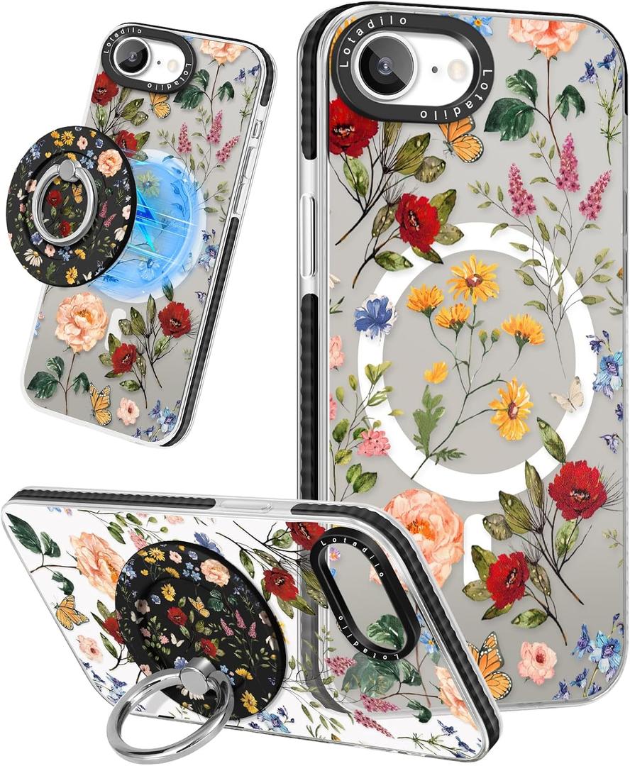 Lotadilo Cute Case for iPhone 17e/16e for Women Girls - Funny Retro Flower Design Compatible with Magsafe Magnetic Ring Holder Kickstand Fashion TPU Phone Covers for iPhone 17e/16e Phone Case