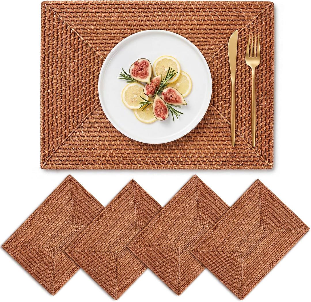 4 Pack Rectangular Rattan Placemats, Natural Woven 19 X 14 Inch