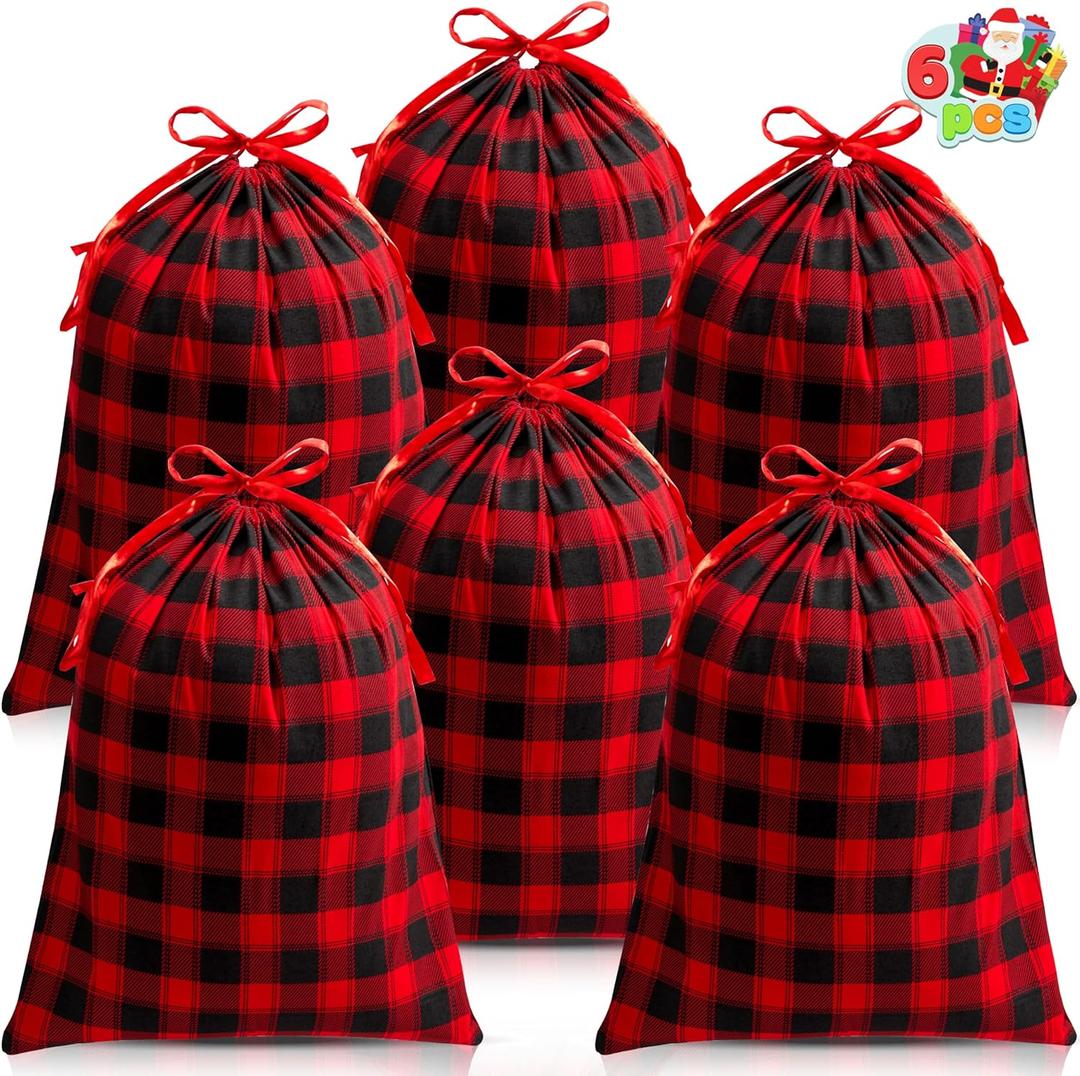 JOYIN 6 PCS Christmas Fabric Drawstring Gift Bag 19" x 14.5", Cotton Buffalo Plaid Sacks in Red and Black, Xmas Plaid Cloth Pouches for Presents Wrapping and Storage, Holiday Party Decor