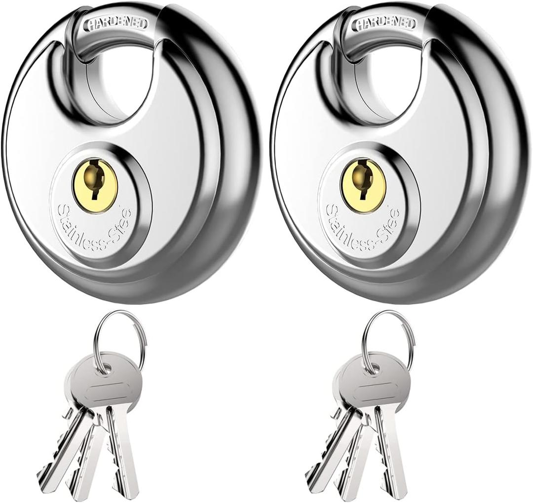 Puroma Keyed Padlock, Stainless Steel Discus Lock Heavy Duty Locks with 6 Keys, Waterproof and Rustproof Storage Lock with 3/8 Inch Shackle for Warehouse, Garage, Storage Locker, and Outdoors (2 Pack) (Large, Silver)