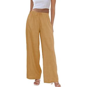 Duyang Womens Cotton Linen Palazzo Pants Drawstring Elastic Waist Casual Wide Leg Trousers with Pockets (Gamboge, XS)