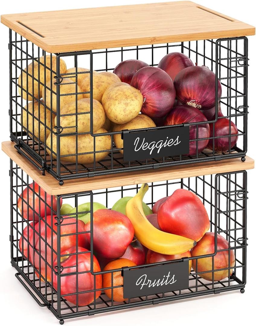 keomaisyto 2 Set XL Stackable Wire Baskets with Bamboo Top- Pantry Organizers and Storage, Kitchen Organization Counter Storage Bins for Potato/Onion/Fruit/Vegetable/Produce, Under Sink Organizing