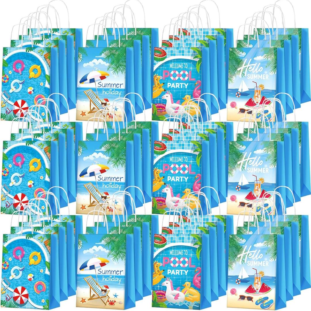Outus 48 Pieces Summer Pool Party Favors Bags Beach Gift Goodie Paper Bags with Handles Beach Swimming Pool Candy Treat Pouch for Summer Hawaiian Luau Birthday Holiday Party Supplies