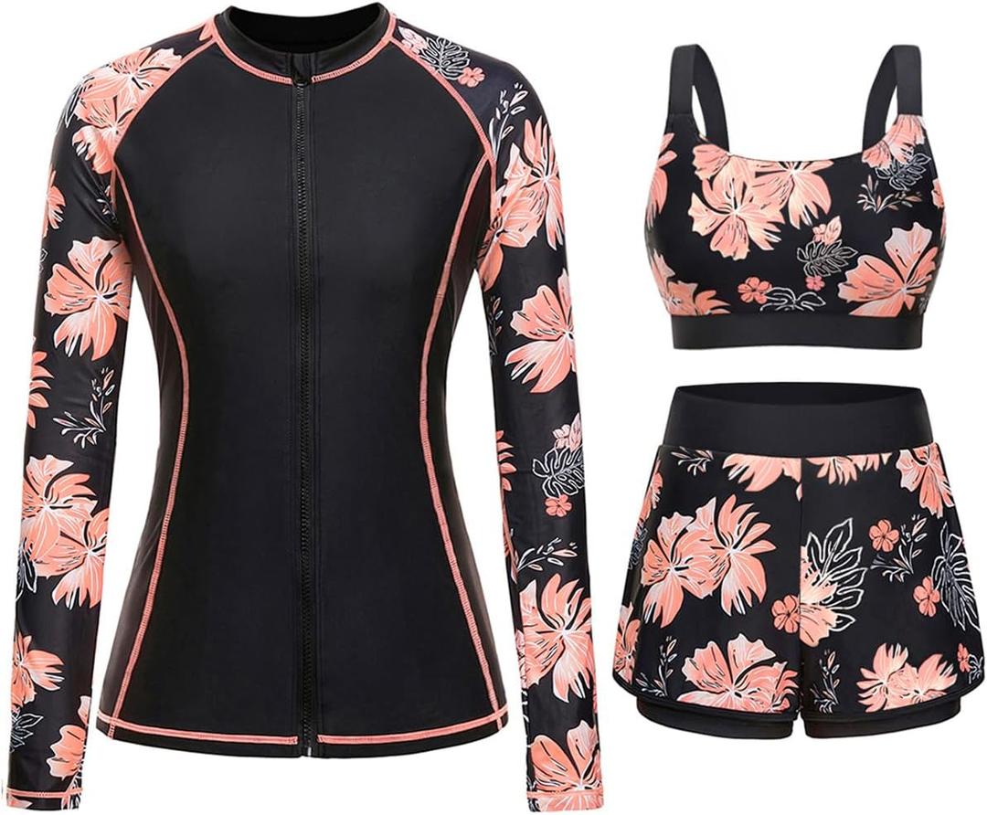 3 Piece Rash Guard for Women - Long Sleeve Swimsuits with Shorts SPF Zip up Swim Shirt with Built in Bra (Small, Black Floral)