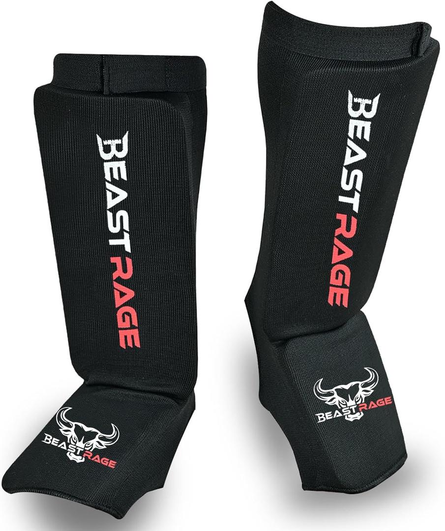BEAST RAGE Shin Guards for Muay Thai, Kickboxing, MMA Leg Guards Martial Arts Taekwondo, Boxing, Elasticated Sock Padded Leg Instep Pads, Shin Pads,Sparring Training, Karate BJJ (Small,  Black/ Red)