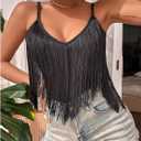 Women's Sleeveless Fringe Camisole Tops V Neck Spaghetti Strap Summer Cami Shirts (Large, Black)
