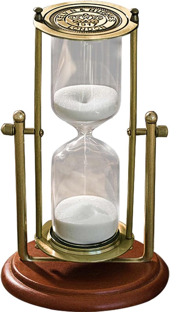 Vintage Hourglass Sand Timer Decor,360° Rotating 15 Min White Sand Visual Timer for Home,Office Desk Decor, Brown Base, White Sand