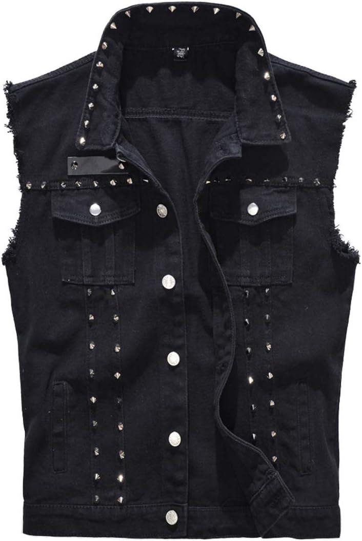 Cekaso Men's Denim Vest Punk Sleeveless Jean Jacket Rocker Studded Vests (Large, Black)