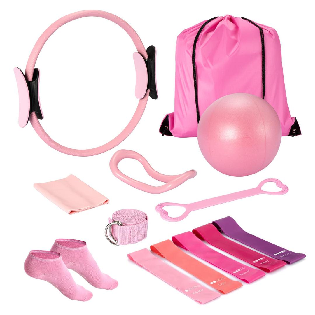 Ideal Swan Large Pilates Ring Essentials Kit for Women, Home Workout Equipment Set with 9.8 Ball, Resistance Bands, Accessories, Pink Pilates Set for Legs Arms and Thighs13 PCS