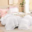 Litanika White Comforter Full Size Sets, 3 Pieces Ruffle Shabby Chic Farmhouse Women Vintage Aesthetic Bedding Set & Collections, Winter Fluffy Bedding Set as Gift (79x90In Comforter & 2 Pillowcases)