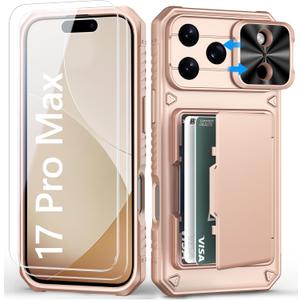 BXYJY for iPhone 17 Pro Max Case Wallet with Screen Protector (Tempered Glass), Slide Camera Cover, Card Holder (45 Cards), Military Grade Heavy Duty Men Women Case for iPhone 17 Pro Max, Rose Gold