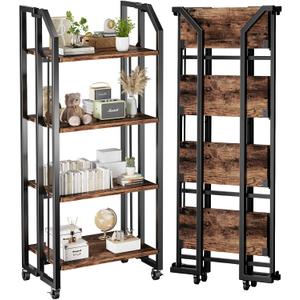 No Assembly Double-Sided Folding Bookshelf for Living Room, 4 Tier Collapsible Book Shelf for Home Office, Portable Bookcase Storage Organizer