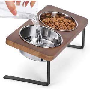 Elevated Cat Bowls, 15 Tilted Raised Cat Food Bowls Wood Pet with Stand Anti Vomiting 2 Stainless Steel for Cats and Puppy
