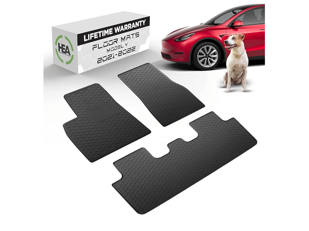 Tesla Model Y Floor Mats - All Weather Rugged Liners Fits 2020-2021 Full Set Front & Rear Accessories - Heavy Duty Flexible Eco-Friendly All Season - Waterproof Modern Honey Comb Look by HEA USA