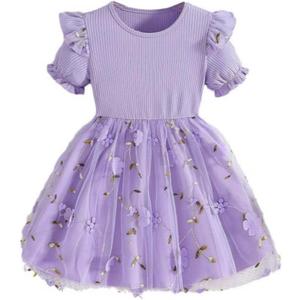 Toddler Baby Girls Tulle Tutu Dress Ruffle Short Sleeve Fluffy Dresses Cute Summer Sundress for Party Beach Casual (Purple)