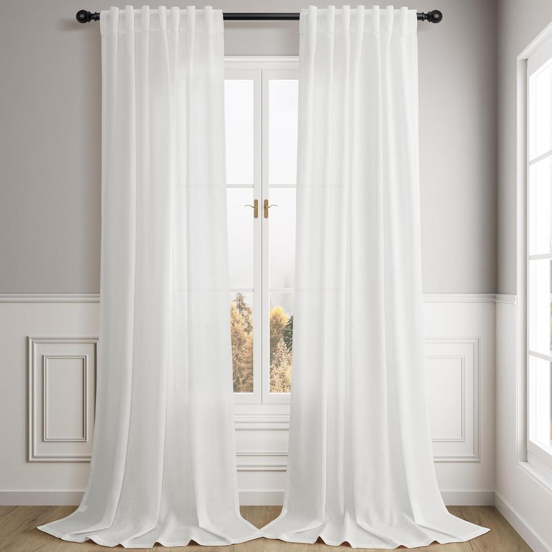 Linen Off White Curtains 84 inches Long for Bedroom Back Tab Privacy Light Filtering Semi Sheer White Boho Farmhouse Curtain Textured Modern Elegant Coastal Decor Curtains for Living Room