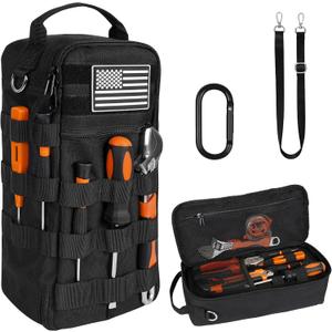 13 Inch Portable Small Tool Bag, Heavy Duty Tool Organizer Bag with Shoulder Strap and D-ring Clip, Tactical Tool Bag, Tool Pouch Bag for Electricians, Carpenters, HVAC Technicians (Black)