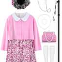Old Lady Costume for Kids 100 Days of School Costume for Girls 100th Day of School Granny Old Lady Dress Up Accessory (8-10Years, Pink)
