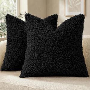 decorUhome Pack of 2 Throw Pillow Covers 18x18 Inch, Faux Fur Decorative Sherpa Pillow Covers Fuzzy Accent Soft Sheepskin Fleece Pillow Cases for Couch Living Room Bed, Black