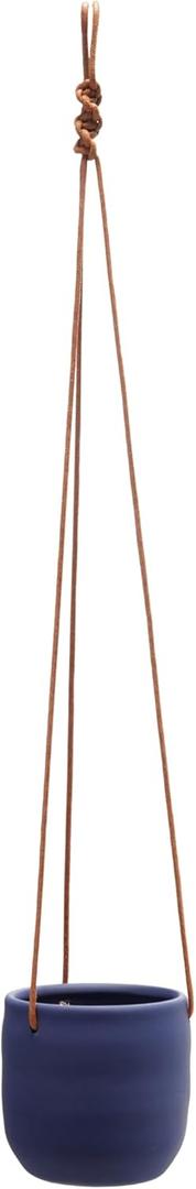 Bloomingville Hanging Stoneware Planter with Leather Rope Hanger, Latex Finish, Navy Blue (4-1/2" Round x 4-1/4"H)