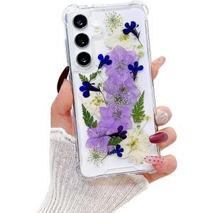 Compatible with Samsung Galaxy S25 Case Cute Pressed Dried Real Flowers Design Women Girly Shockproof Soft TPU Floral Clear Phone Cover for Galaxy S25 (Purple Flower)