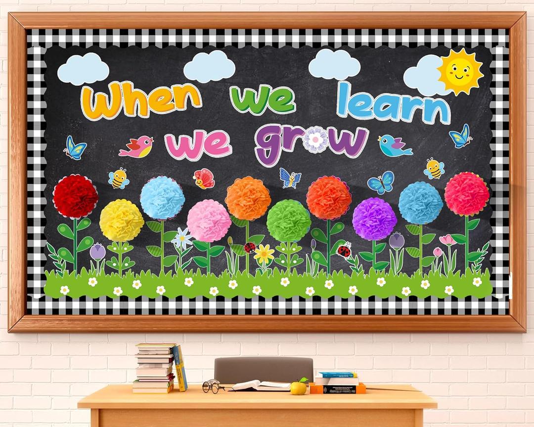 ZOIIWA Spring Themed Flowers Bulletin Board Set Decorations for Classroom When We Learn We Grow Bulletin Board with 3D Paper Floral Cutouts for Flower Birthday Party School Classroom Wall Decor Favor