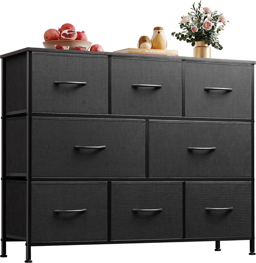 WLIVE 8 Drawer Dresser for Bedroom, Fabric Black Dresser with Large Storage Drawer Unit for Entryway, Chest of Drawers for Living Room, 11.8"D x 39.4"W x 31.3"H