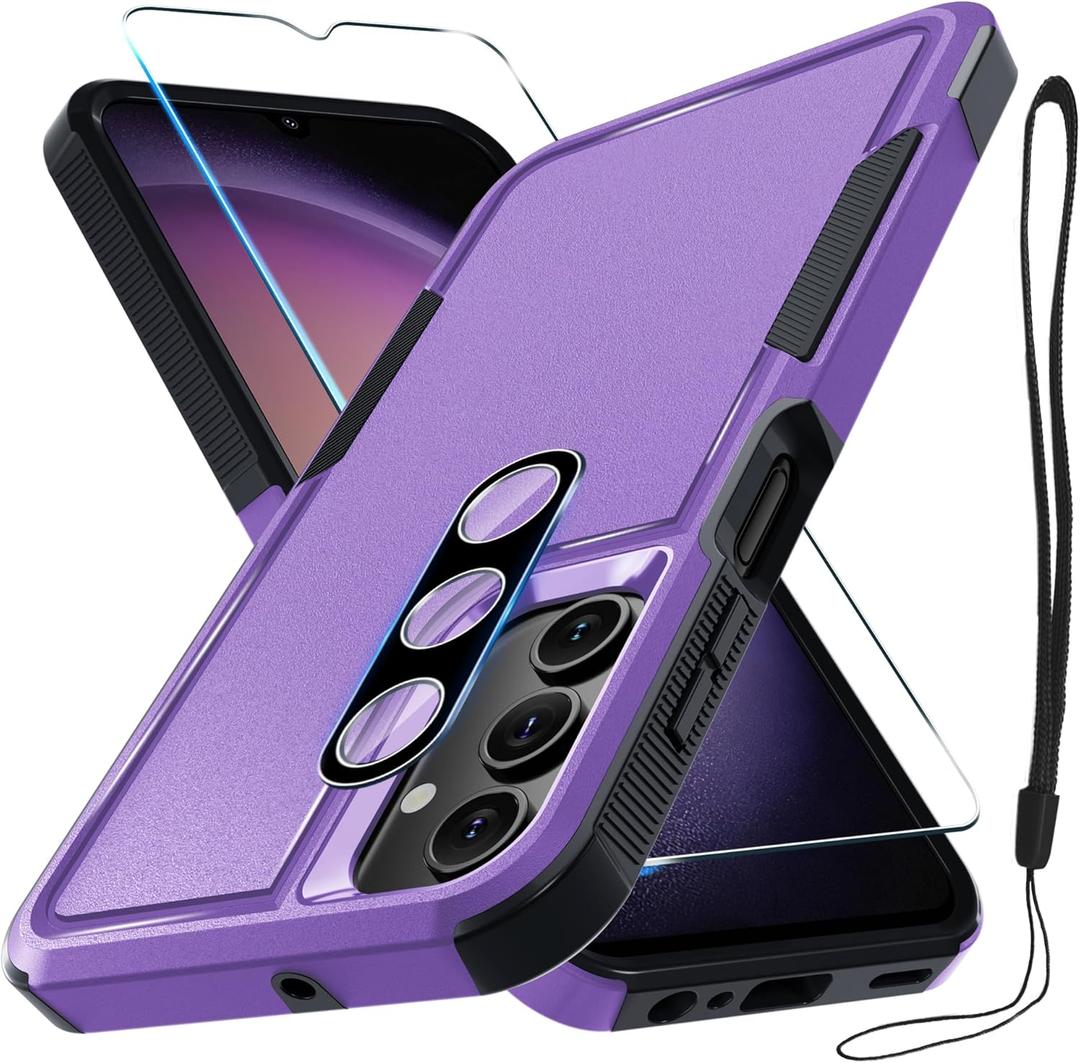 RMOCR Case for Samsung Galaxy A16 5G, Full Body Heavy Duty Rugged Shockproof Protective Phone Cover with Lanyard Strap, Tempered Glass Screen Protector and Camera Lens Cover, Lavender