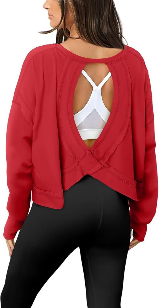 Women Long Sleeve Open Back Athletic Shirts Casual Workout Top Yoga Loose Running Tees (X-Small)