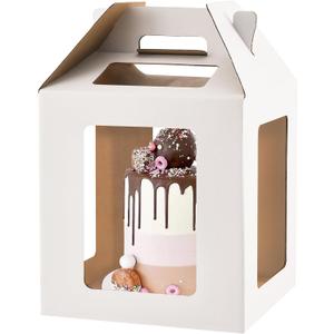 Cake Box with Windows and Handle, 10x10x10 inches, Tall Cake Carrier for Tiered Cakes, White