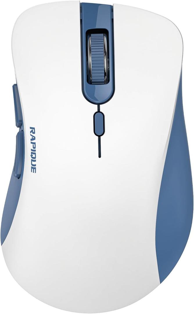 RAPIQUE Bluetooth Wireless Mouse - Dual Bluetooth & 2.4 GHz USB Receiver, Ergonomic Design, Quiet Clicks, Low Power - Multi-Device Compatibility for MacBook, Laptop, Computer (Blue and White)