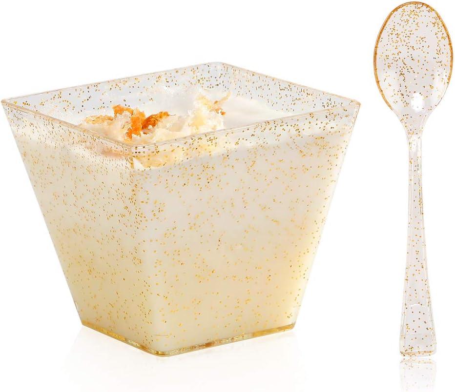 bUCLA 100Pack Square Small Dessert Cups-3oz Disposable Gold Glitter Plastic Bowls-100pack Mini Tasting Spoons-Great for Tasting Party Desserts Appetizers, 100pcs Dessert Cups And 100pcs Mini Spoons