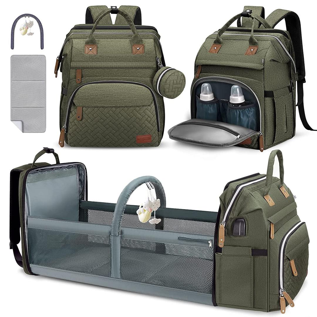 DERJUNSTAR Diaper Bag Backpack  Large Capacity Baby Diaper Bag with Changing Pad, Waterproof Travel Backpack for Boys & Girls, Multi-Function Baby Bag with USB Charging Port, Army Green