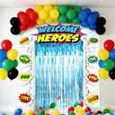 80PCS Hero Themed Birthday Party Decorations Supplies - Door Porch Banner Backdrop Balloons Blue Foil Fringe Curtains for Kids Birthday Baby Shower Classroom Photo Booth Prop