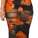 Mojessy Sheer Dress for Women Sexy Short Sleeve Ruched Mesh Bodycon Dress Adjustable Strap Top Mini Skirt 3 Piece Outfits Set (Large, Orange)