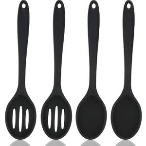Boao 4 Pcs Silicone Spoons for Cooking 10.6 Inch Large Nonstick Serving Spoons Heat Resistant Slotted Spoon for Mixing & Stirring Kitchen Cooking Utensils, Dishwasher Safe(Black)