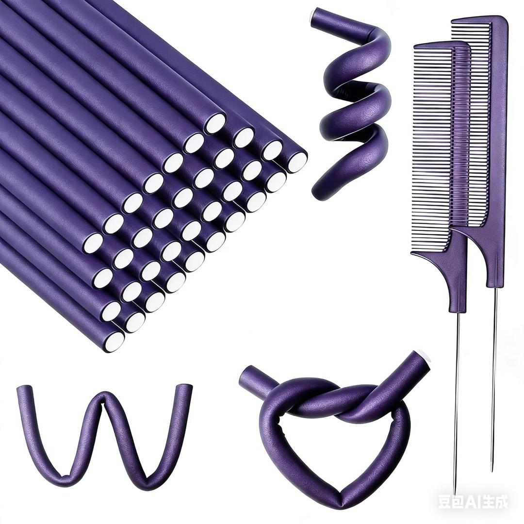 60 Pieces Flexible Curling Rods Twist Foam Flexi Rods No Heat Hair Rods Hair Rollers and Steel Pintail Rat Tail Comb for Long or Short Hair Women Girls (9.45 x 0.31, Purple)