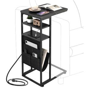 C Shaped End Table with Charging Station, 28"(H) 3-Tier C Table with Storage Bag, Under Couch Table C-Shaped End Table with Storage Shelves and Bag for Living Room, Bedroom, or Office