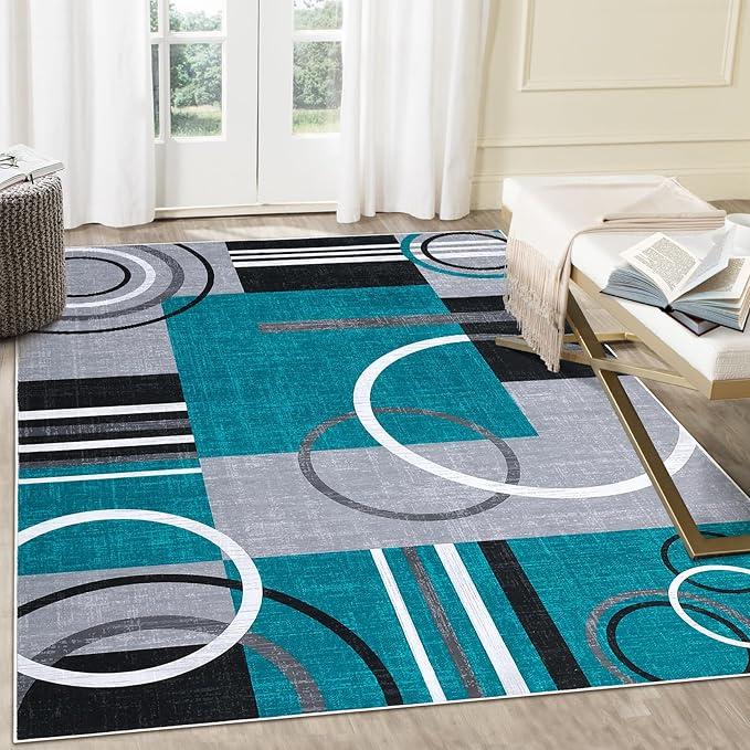 RUGSREAL Washable Rug 6x9 Abstract Circles Area Rugs Non Slip Floor Carpet Contemporary Stain Resistant Soft Rug Low Pile Accent Rugs for Indoor Living Dining Room, Turquoise