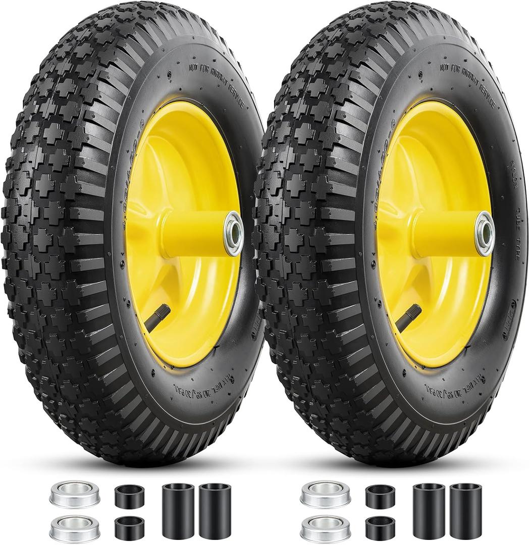 4.80/4.00-8 Tires and Wheels, 15-Inch Wheel, 5/8" Bearings, Compatible with Hand Truck, Wheelbarrow, Wagon, Gorilla Carts (Yellow, 2PCS) P-097