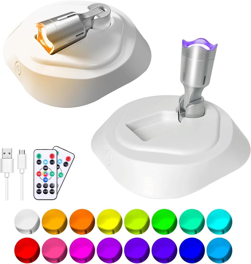 LEASTYLE LED Wireless Spotlights with Remote,RGBW Rechargeable Up Lights Indoor,16 Color Changing Battery Operated Light with Timer Dimmable Accent Light for Grow Parties,White+Silver,2 Pack