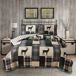 Lodge Bedspread Set King Size Rustic Cabin Quilt Set Deer Bedding Sets Lightweight Coverlet Reversible Bedspreads Elk Moose Printed Bedcover Dark Green Beige Plaid Patchwork Bedding Country Decor
