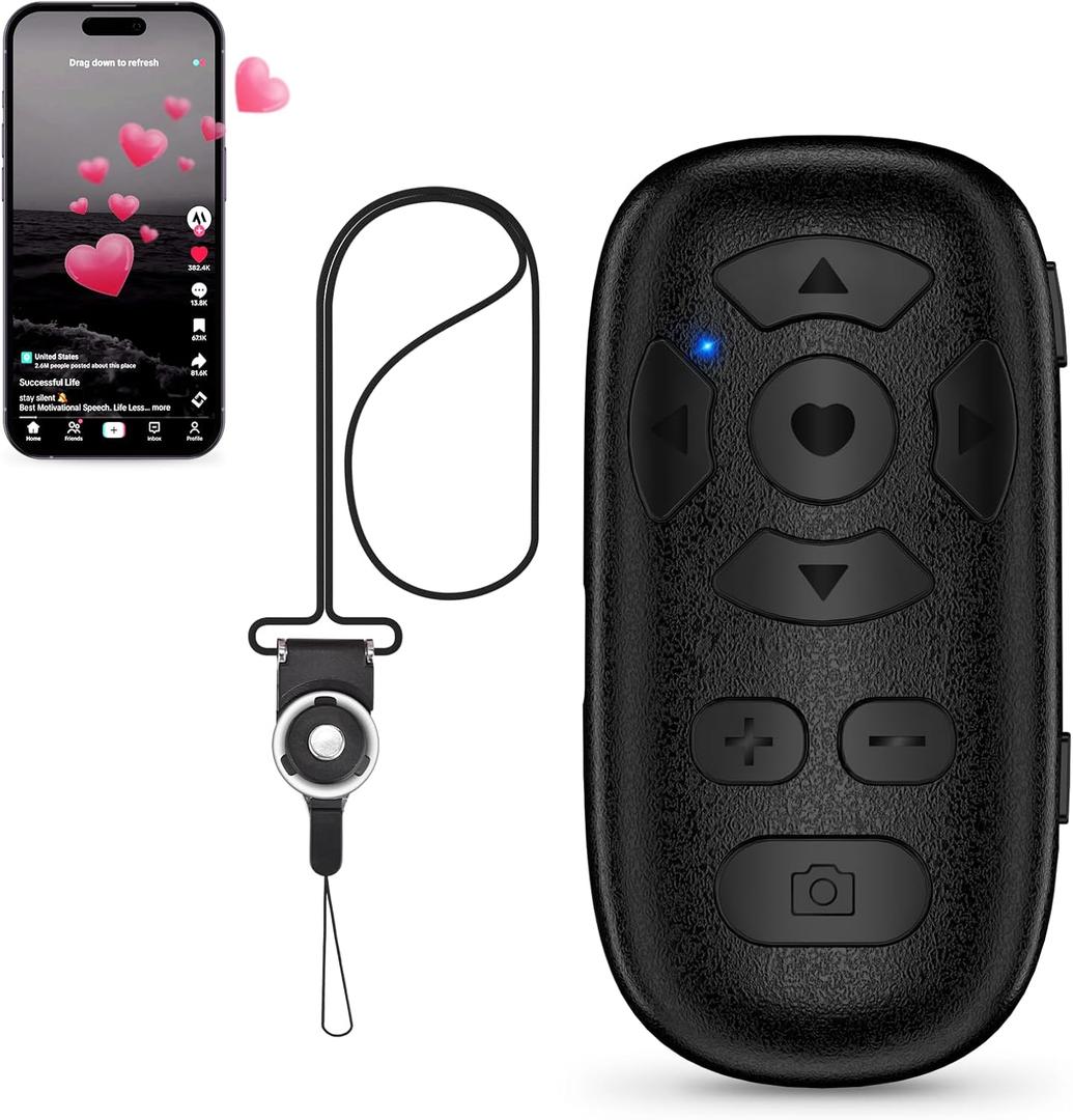 TikTok Scrolling Remote Control for iPhone and Android Smartphones, Bluetooth Page Turner for Kindle App, Camera Photo and Video Clicker for iPhone, and Samsung Neck Strap Included.(Black) (Black-TT-M9)