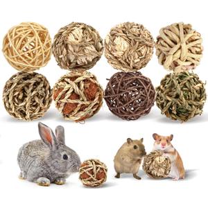 VESPRO Bunny Chew Grass Balls, Rolling Chew Toys for Small Animals, Natural Chew Grass Toys and Bunny Treats for Rabbits, Guinea Pigs, Chinchillas, Hamsters, Mice Teeth Grinding (8 Pcs)