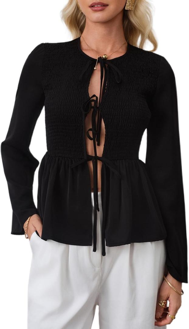 Women's Long Sleeve Shirred Peplum Going Out Tops Y2K Tie Front Babydoll Shirt Blouses (Black, M)