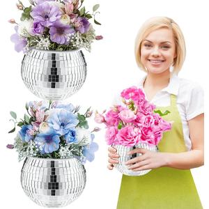 2 Pcs Disco Ball Vase, 5 x 6 Inch Mirrored Disco Ball Planters Perfect for Decorative Living Room, Bedroom, Dining Table, Wedding, Party, Birthday (Silver)