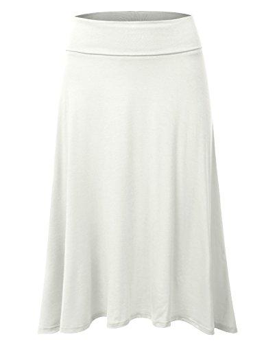 JJ Perfection Women's Casual High Waisted Flare Ruffle Midi Skirt with Elastic Wide Waistband, Knee Length, Reg and Plus Size, Ivory, M