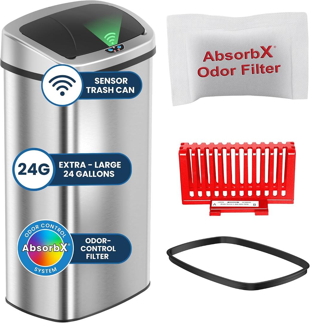 iTouchless 24 Gallon Extra Large Touchless Sensor Trash Can with AbsorbX Odor Filter, 91L Commercial Stainless Steel Automatic Kitchen Bin for Home, Office, Restaurant, Store, Lobby