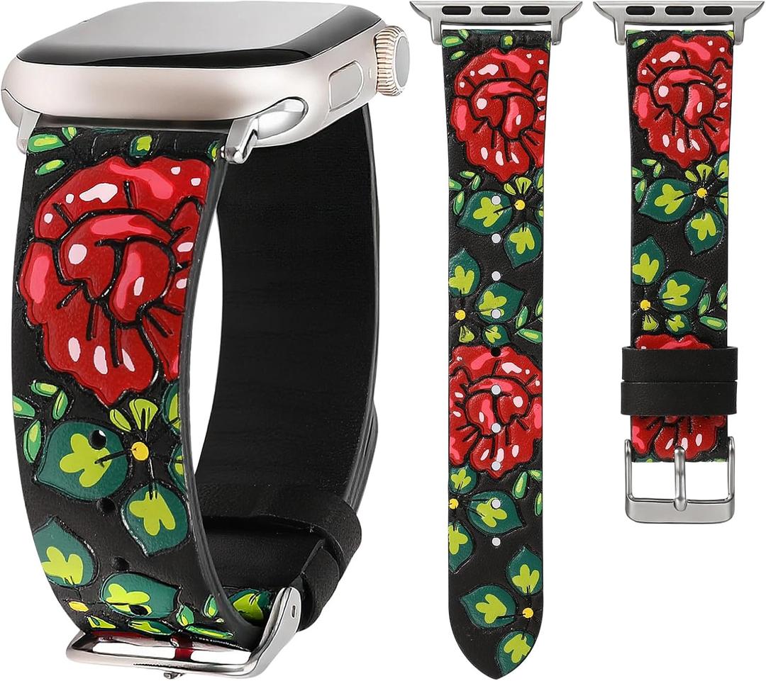 Moolia Floral Leather Band Compatible with Apple Watch Band 42/41/40/38/46/45/44/49mm Women, Cute Romantic Vintage Rose Pattern Strap for iWatch Series 11 10 9 8 7 6 5 4 3 2 1 SE/Ultra(1/2/3) (Black/Red)